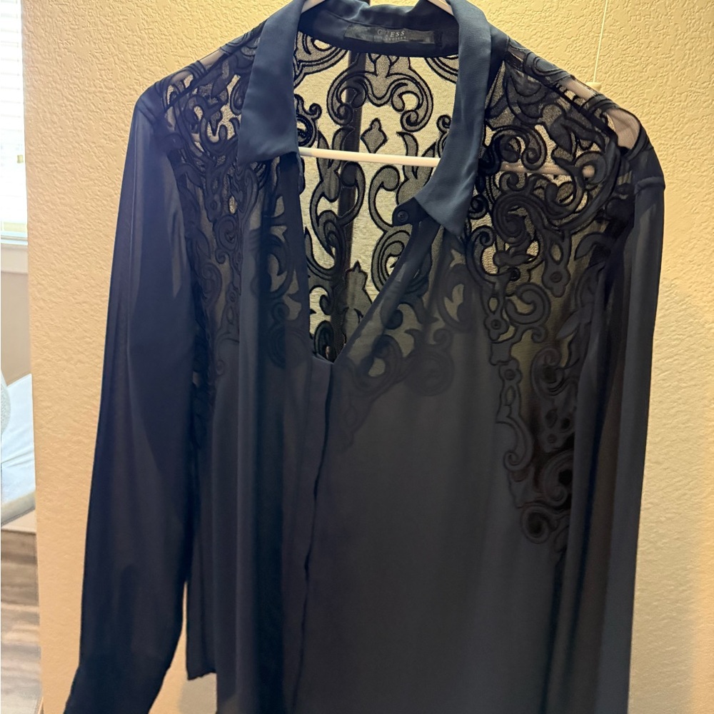Guess Navy Sheer Top with Black Lace